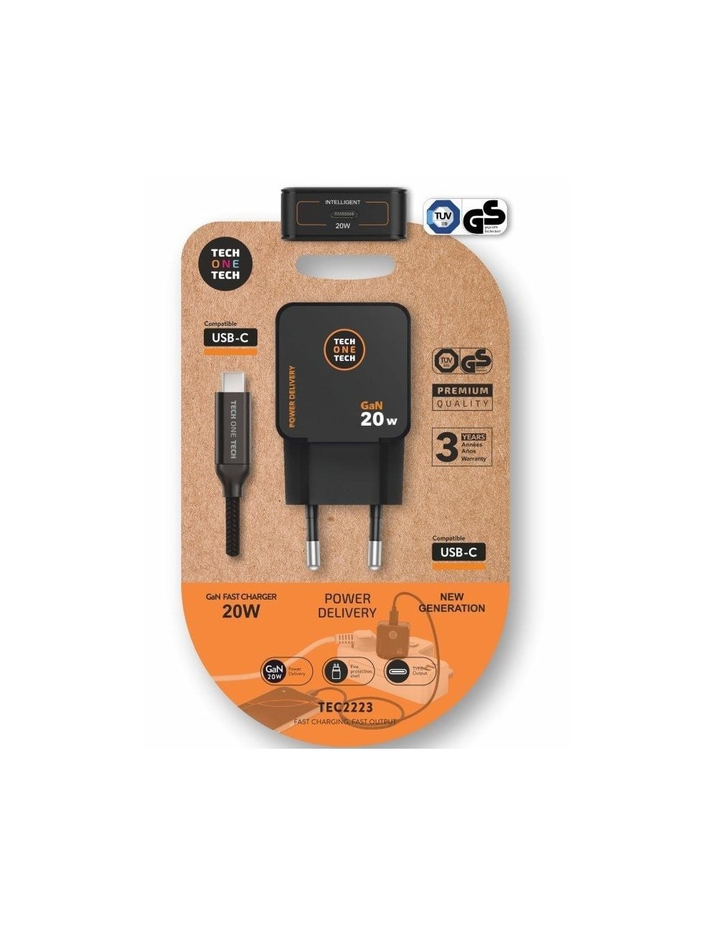 Cargador de Pared GaN Tech One Tech TEC2223/ 1xUSB Tipo-C + Cable USB Tipo-C/ 20W/ Negro