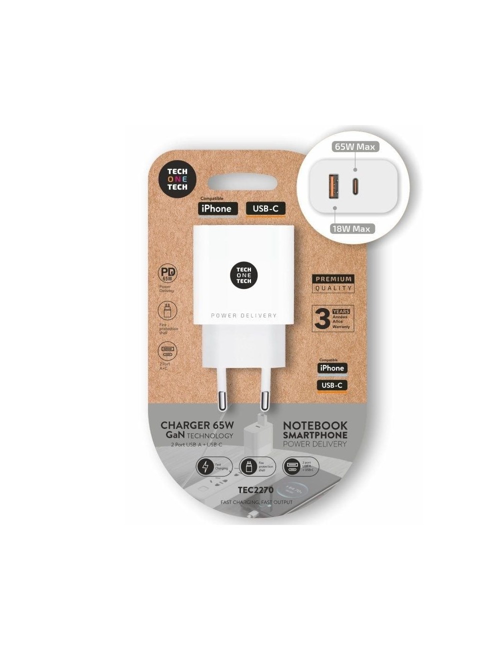 Cargador de Pared GaN Tech One Tech GaN TEC2270/ 1xUSB Tipo-C/ 1xUSB/ 65W/ Blanco
