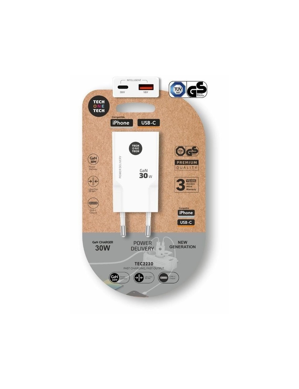 Cargador de Pared GaN Tech One Tech GaN TEC2230/ 1xUSB Tipo-C/ 1xUSB/ 30W/ Blanco