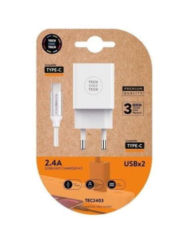 Cargador de Pared Tech One Tech TEC2403/ 2xUSB + Cable USB Tipo-C/ 12W/ Blanco