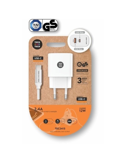 Cargador de Pared Tech One Tech TEC2413/ 1xUSB Tipo-C/ 1xUSB + Cable USB Tipo-C/ 12W/ Blanco