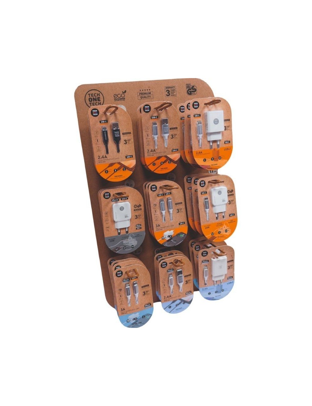 Expositor de Cargadores GaN y Cables Tech One Tech EKO 400903/ 9 ganchos/ Incluye 27 Productos